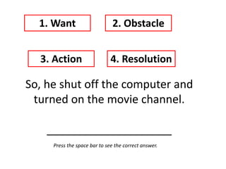 So, he shut off the computer and
turned on the movie channel.
____________________
1. Want 2. Obstacle
3. Action 4. Resolution
Press the space bar to see the correct answer.
 