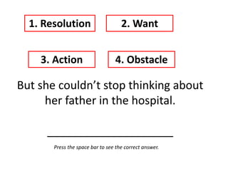 But she couldn’t stop thinking about
her father in the hospital.
____________________
1. Resolution 2. Want
3. Action 4. Obstacle
Press the space bar to see the correct answer.
 