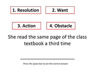 She read the same page of the class
textbook a third time
____________________
1. Resolution 2. Want
3. Action 4. Obstacle
Press the space bar to see the correct answer.
 