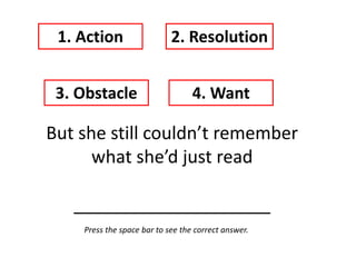 But she still couldn’t remember
what she’d just read
____________________
1. Action 2. Resolution
3. Obstacle 4. Want
Press the space bar to see the correct answer.
 