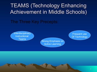 TEAMS (Technology Enhancing
Achievement in Middle Schools)
The Three Key Precepts:

 Interdisciplinary                        Frequent use
   Instructional                          Of Technology
      Teams
                     Strong Emphasis on
                       Active Learning




                                                          4
 