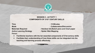 SESSION 3 - ACTIVITY 1
COMPONENTS OF 21ST CENTURY SKILLS
Time : 15 Minutes
Mode : Collaboration/Discussion
Materials Required : Handout 3A,Sketch pens and Chart paper
Active Learning Strategy : Spider Web Mapping
Focus :
● Familiarize teachers with the ten essential components of 21st-century skills
● Facilitate their understanding of how these skills can be integrated into the
teaching and learning process effectively.
 