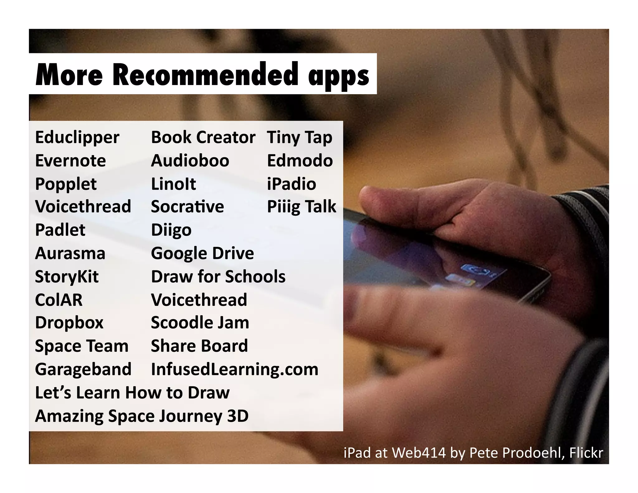 More Recommended apps
Educlipper	
   Book	
  Creator	
   Tiny	
  Tap	
  
Evernote	
  
Audioboo	
  
Edmodo	
  
Popplet	
  
LinoIt	
   	
  
iPadio	
  
Voicethread	
   SocraJve	
  
Piiig	
  Talk	
  
Padlet	
   	
  
Diigo	
   	
  
	
  
Aurasma	
  
Google	
  Drive	
  
StoryKit	
  
Draw	
  for	
  Schools	
  
ColAR	
   	
  
Voicethread	
   	
  
	
  
Dropbox	
  
Scoodle	
  Jam	
  
Space	
  Team	
   Share	
  Board	
  
Garageband	
   InfusedLearning.com	
  
Let’s	
  Learn	
  How	
  to	
  Draw	
  
Amazing	
  Space	
  Journey	
  3D	
  
iPad	
  at	
  Web414	
  by	
  Pete	
  Prodoehl,	
  Flickr	
  

 