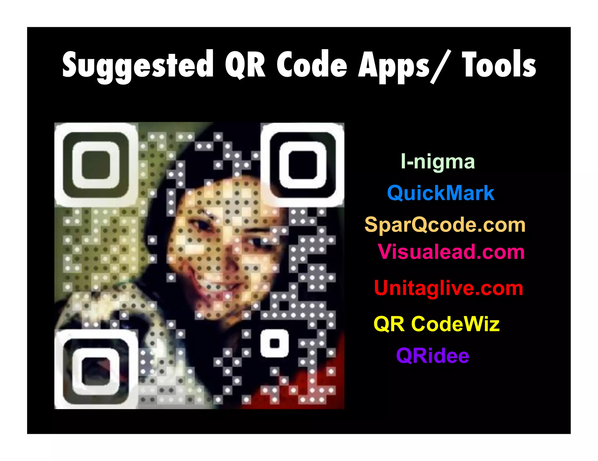 Suggested QR Code Apps/ Tools
I-nigma
QuickMark
SparQcode.com
Visualead.com
Unitaglive.com
QR CodeWiz
QRidee

 