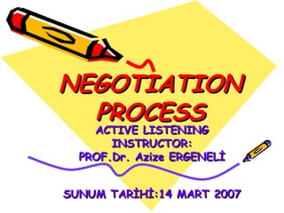 NEGOTIATION
PROCESS
ACTIVE LISTENING
INSTRUCTOR:
PROF.Dr. Azize ERGENELİ

SUNUM TARİHİ:14 MART 2007

 