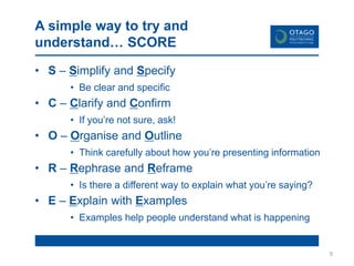 A simple way to try and
understand… SCORE
• S – Simplify and Specify
• Be clear and specific
• C – Clarify and Confirm
• If you’re not sure, ask!
• O – Organise and Outline
• Think carefully about how you’re presenting information
• R – Rephrase and Reframe
• Is there a different way to explain what you’re saying?
• E – Explain with Examples
• Examples help people understand what is happening
9
 