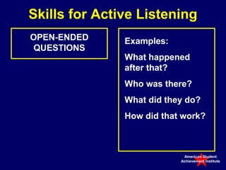 Skills for Active Listening
OPEN-ENDED     Examples:
 QUESTIONS
               What happened
               after that?
               Who was there?
               What did they do?
               How did that work?



                            American Student
                           Achievement Institute
 
