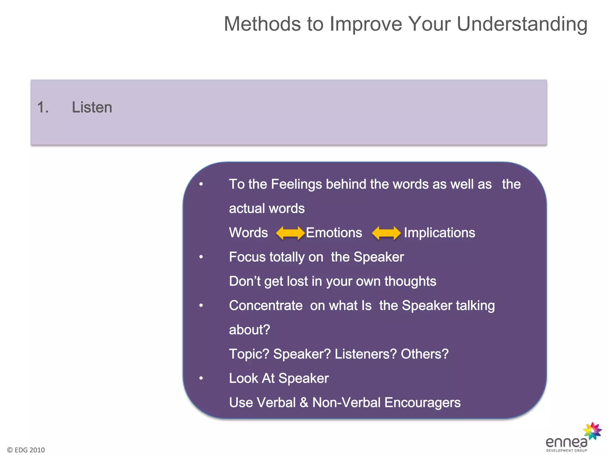 Methods to Improve Your Understanding



       1.    Listen




                      •   To the Feelings behind the words as well as the
                          actual words
                          Words          Emotions      Implications
                      •   Focus totally on the Speaker
                          Don’t get lost in your own thoughts
                      •   Concentrate on what Is the Speaker talking
                          about?
                          Topic? Speaker? Listeners? Others?
                      •   Look At Speaker
                          Use Verbal & Non-Verbal Encouragers


© EDG 2010
 