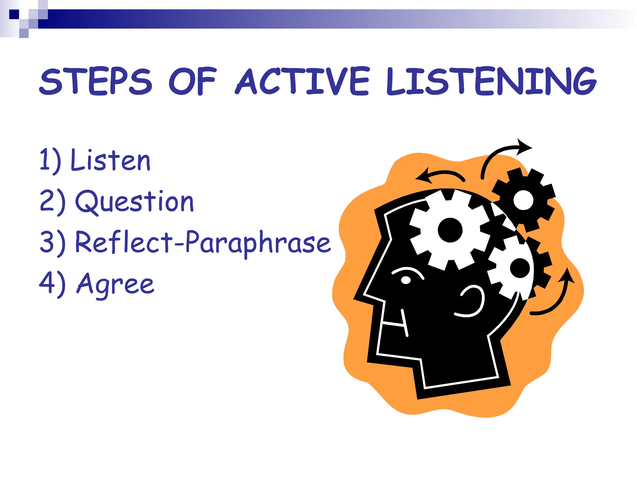 STEPS OF ACTIVE LISTENING
1) Listen
2) Question
3) Reflect-Paraphrase
4) Agree
 