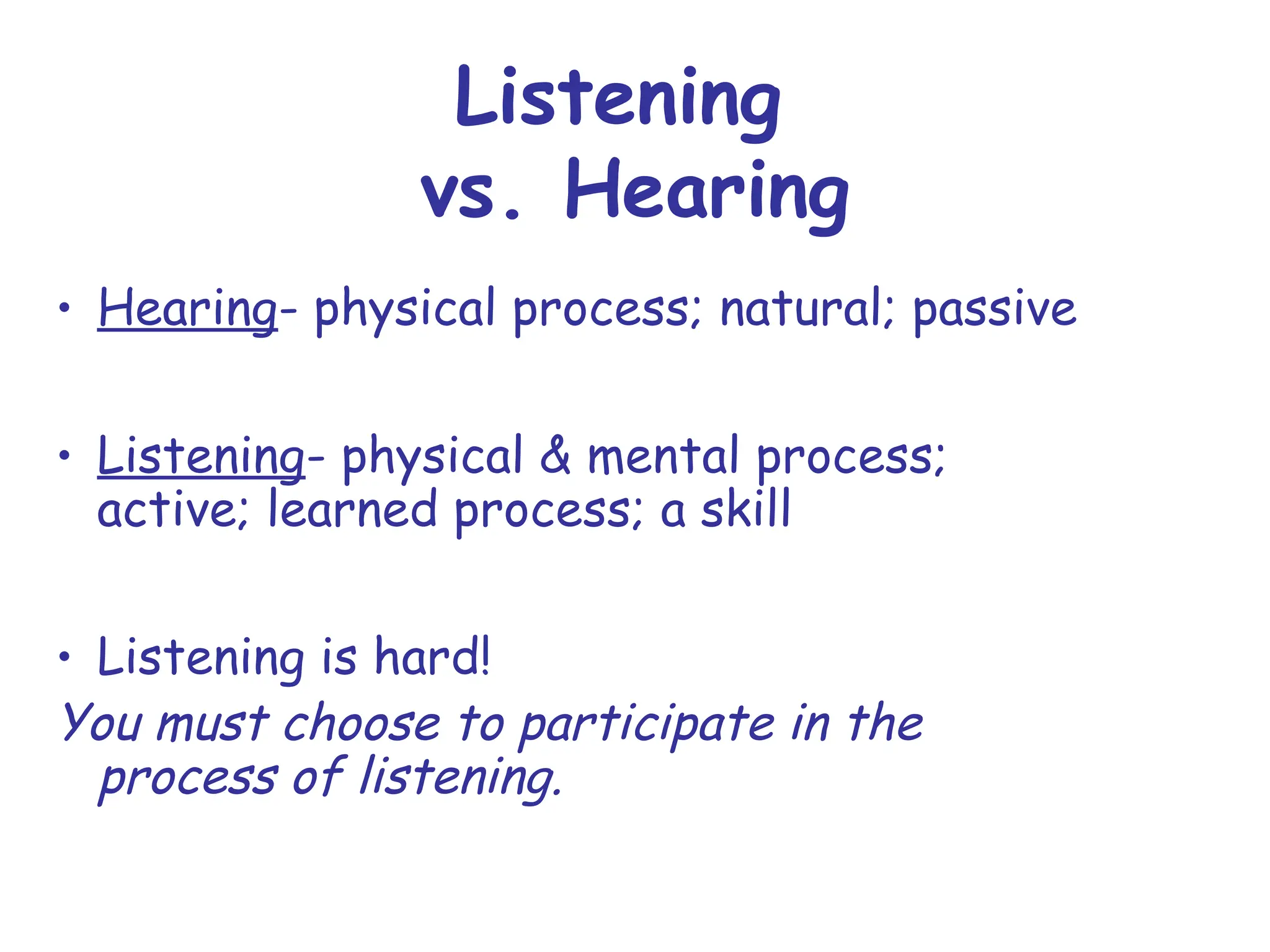 Listening
vs. Hearing
• Hearing- physical process; natural; passive
• Listening- physical & mental process;
active; learned process; a skill
• Listening is hard!
You must choose to participate in the
process of listening.
 