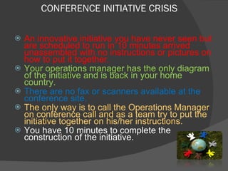 CONFERENCE INITIATIVE CRISIS An innovative initiative you have never seen but are scheduled to run in 10 minutes arrived unassembled with no instructions or pictures on how to put it together.  Your operations manager has the only diagram of the initiative and is back in your home country.  There are no fax or scanners available at the conference site.  The only way is to call the Operations Manager on conference call and as a team try to put the initiative together on his/her instructions.  You have 10 minutes to complete the construction of the initiative.  