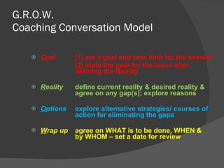 G.R.O.W.  Coaching Conversation Model G oal  (1) set a goal and time limit for the session  (2) state the goal for the issue after  defining the Reality   R eality define current reality & desired reality &  agree on any gap(s); explore reasons    O ptions explore alternative strategies/ courses of  action for eliminating the gaps   W rap up agree on WHAT is to be done, WHEN &  by WHOM – set a date for review   