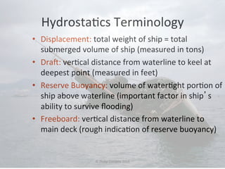 Hydrosta#cs 
Terminology 
• Displacement: 
total 
weight 
of 
ship 
= 
total 
submerged 
volume 
of 
ship 
(measured 
in 
tons) 
• Dra: 
ver#cal 
distance 
from 
waterline 
to 
keel 
at 
deepest 
point 
(measured 
in 
feet) 
• Reserve 
Buoyancy: 
volume 
of 
water#ght 
por#on 
of 
ship 
above 
waterline 
(important 
factor 
in 
ship’s 
ability 
to 
survive 
flooding) 
• Freeboard: 
ver#cal 
distance 
from 
waterline 
to 
main 
deck 
(rough 
indica#on 
of 
reserve 
buoyancy) 
© 
Philip 
Corsano 
2014 
 
