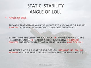 STATIC 
STABILITY 
ANGLE 
OF 
LOLL 
• ANGLE 
OF 
LOLL 
THE 
ANGLE 
THAT 
APPEARS 
WHEN 
THE 
SHIP 
HEELS 
TO 
A 
SIDE 
WHILE 
THE 
SHIP 
HAS 
A 
–VE 
GM 
. 
A 
CAPSIZING 
MOMENT 
CREATED 
INCREASES 
THE 
HEELING 
, 
BY 
THAT 
TIME 
THE 
CENTRE 
OF 
BOUYANCY 
B 
STARTS 
TO 
MOVE 
TO 
THE 
HEELED 
SIDE 
UNTILL 
B 
REACHES 
A 
POINT 
JUST 
BELOW 
THE 
LINE 
OF 
GRAVITY. 
THE 
ANGLE 
WHERE 
THAT 
HAPPENS 
IS 
CALLED 
ANGLE 
OF 
LOLL 
. 
WE 
NOTICE 
THAT 
THE 
SHIP 
AT 
THE 
ANGLE 
OF 
LOLL 
, 
HAS 
NO 
GZ, 
NO 
GM, 
NO 
MOMENT 
AT 
ALL.AS 
A 
RESULT 
THE 
SHIP 
STAYES 
ON 
THIS 
CONDITION 
( 
HEELED) 
© 
Philip 
Corsano 
2014 
 
