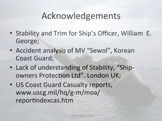 Acknowledgements 
• Stability 
and 
Trim 
for 
Ship’s 
Officer, 
William 
E. 
George; 
• Accident 
analysis 
of 
MV 
“Sewol”, 
Korean 
Coast 
Guard; 
• Lack 
of 
understanding 
of 
Stability, 
“Ship-­‐ 
owners 
Protec#on 
Ltd”. 
London 
UK; 
• US 
Coast 
Guard 
Casualty 
reports, 
www.uscg.mil/hq/g-­‐m/moa/ 
repor#ndexcas.htm 
© 
Philip 
Corsano 
2014 
