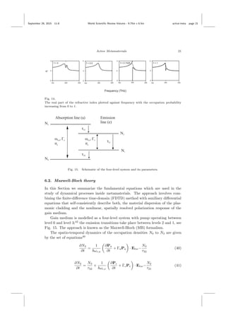 September 29, 2015 11:8 World Scientiﬁc Review Volume - 9.75in x 6.5in active˙meta page 21
Active Metamaterials 21
Fig. 14.
The real part of the refractive index plotted against frequency with the occupation probability
increasing from 0 to 1.
Fig. 15. Schematic of the four-level system and its parameters.
6.2. Maxwell-Bloch theory
In this Section we summarize the fundamental equations which are used in the
study of dynamical processes inside metamaterials. The approach involves com-
bining the ﬁnite-diﬀerence time-domain (FDTD) method with auxiliary diﬀerential
equations that self-consistently describe both, the material dispersion of the plas-
monic cladding and the nonlinear, spatially resolved polarization response of the
gain medium.
Gain medium is modelled as a four-level system with pump operating between
level 0 and level 3;42
the emission transitions take place between levels 2 and 1, see
Fig. 15. The approach is known as the Maxwell-Bloch (MB) formalism.
The spatio-temporal dynamics of the occupation densities N0 to N3 are given
by the set of equations40
∂N3
∂t
=
1
ωr,a
∂Pa
∂t
+ ΓaPa · Eloc−
N3
τ32
(40)
∂N2
∂t
=
N3
τ32
+
1
ωr,e
∂Pe
∂t
+ ΓePe · Eloc−
N2
τ21
(41)
 