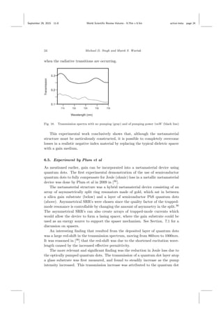 September 29, 2015 11:8 World Scientiﬁc Review Volume - 9.75in x 6.5in active˙meta page 24
24 Michael D. Singh and Marek S. Wartak
when the radiative transitions are occurring.
Fig. 18. Transmission spectra with no pumping (gray) and of pumping power 1mW (black line)
This experimental work conclusively shows that, although the metamaterial
structure must be meticulously constructed, it is possible to completely overcome
losses in a realistic negative index material by replacing the typical dieletric spacer
with a gain medium.
6.5. Experiment by Plum et al
As mentioned earlier, gain can be incorporated into a metamaterial device using
quantum dots. The ﬁrst experimental demonstration of the use of semiconductor
quantum dots to fully compensate for Joule (ohmic) loss in a metallic metamaterial
device was done by Plum et al in 2009 in [36
].
The metamaterial structure was a hybrid metamaterial device consisting of an
array of asymmetrically split ring resonators made of gold, which sat in between
a silica gain substrate (below) and a layer of semiconductor PbS quantum dots
(above). Asymmetrical SRR’s were chosen since the quality factor of the trapped-
mode resonance is controllable by changing the amount of asymmetry in the split.36
The asymmetrical SRR’s can also create arrays of trapped-mode currents which
would allow the device to form a lasing spacer, where the gain substrate could be
used as an energy source to support the spaser mechanism. See Section. 7.1 for a
discussion on spasers.
An interesting ﬁnding that resulted from the deposited layer of quantum dots
was a large red-shift in the transmission spectrum, moving from 860nm to 1000nm.
It was reasoned in [36
] that the red-shift was due to the shortened excitation wave-
length caused by the increased eﬀective permittivity.
The more relevant and signiﬁcant ﬁnding was the reduction in Joule loss due to
the optically pumped quantum dots. The transmission of a quantum dot layer atop
a glass substrate was ﬁrst measured, and found to steadily increase as the pump
intensity increased. This transmission increase was attributed to the quantum dot
 