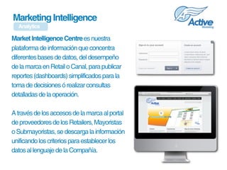 Marketing Intelligence
  Analytics

Market Intelligence Centre es nuestra 
plataforma de información que concentra 
diferentes bases de datos, del desempeño 
de la marca en Retail o Canal, para publicar 
reportes (dashboards) simplificados para la 
toma de decisiones ó realizar consultas 
detalladas de la operación.

A través de los accesos de la marca al portal 
de proveedores de los Retailers, Mayoristas 
o Submayoristas, se descarga la información 
unificando los criterios para establecer los 
datos al lenguaje de la Compañía.
 