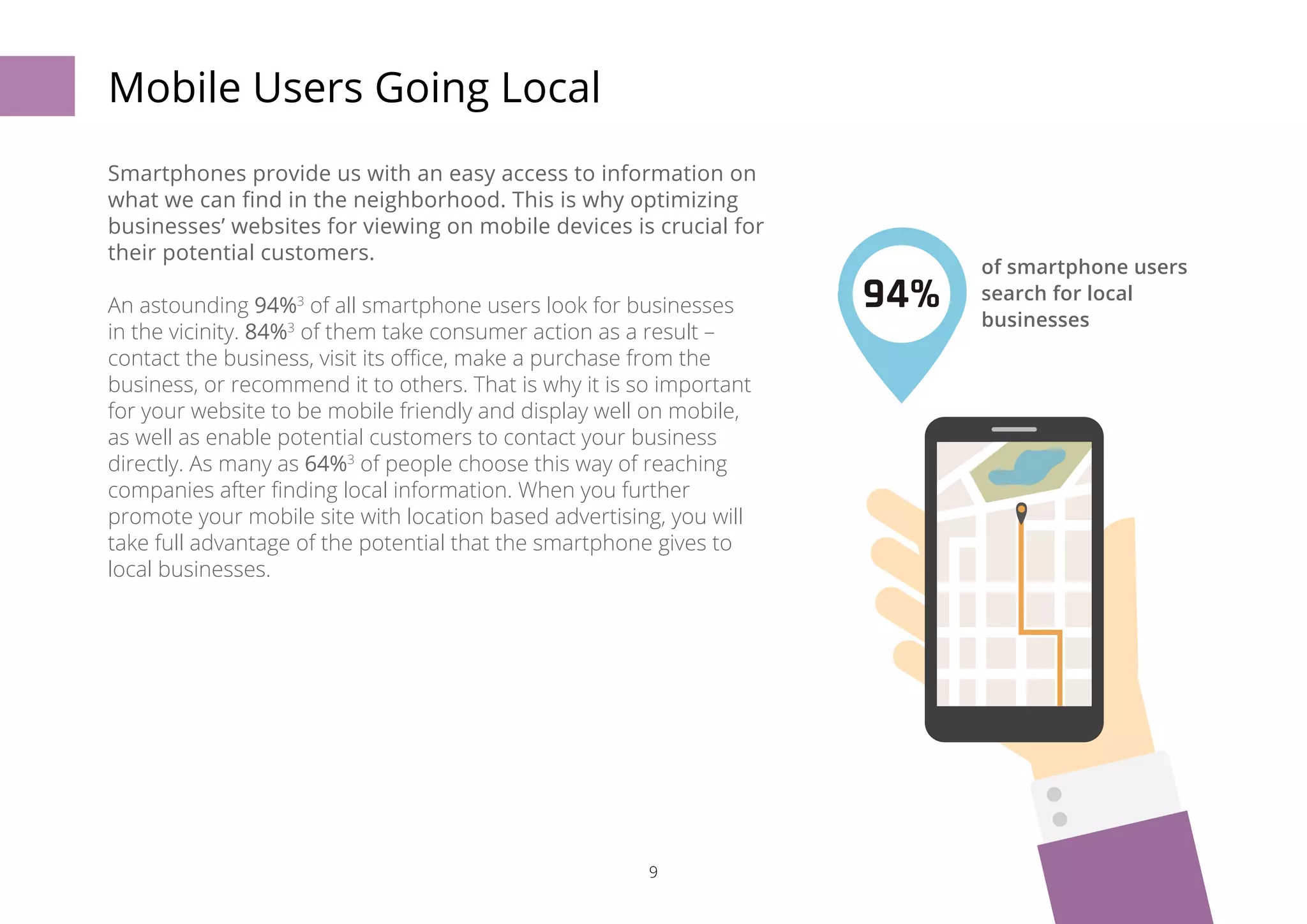 9 
Mobile Users Going Local 
Smartphones provide us with an easy access to information on 
what we can find in the neighborhood. This is why optimizing 
businesses’ websites for viewing on mobile devices is crucial for 
their potential customers. 
An astounding 94%3 of all smartphone users look for businesses 
in the vicinity. 84%3 of them take consumer action as a result – 
contact the business, visit its office, make a purchase from the 
business, or recommend it to others. That is why it is so important 
for your website to be mobile friendly and display well on mobile, 
as well as enable potential customers to contact your business 
directly. As many as 64%3 of people choose this way of reaching 
companies after finding local information. When you further 
promote your mobile site with location based advertising, you will 
take full advantage of the potential that the smartphone gives to 
local businesses. 
of smartphone users 
search for local 
businesses 94% 
 