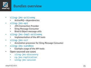 Bundles overview
•  sling-­‐jms-­‐activemq	
  
•  ActiveMQ + dependencies
•  sling-­‐jms-­‐api	
  
•  JMS Connection Provi...