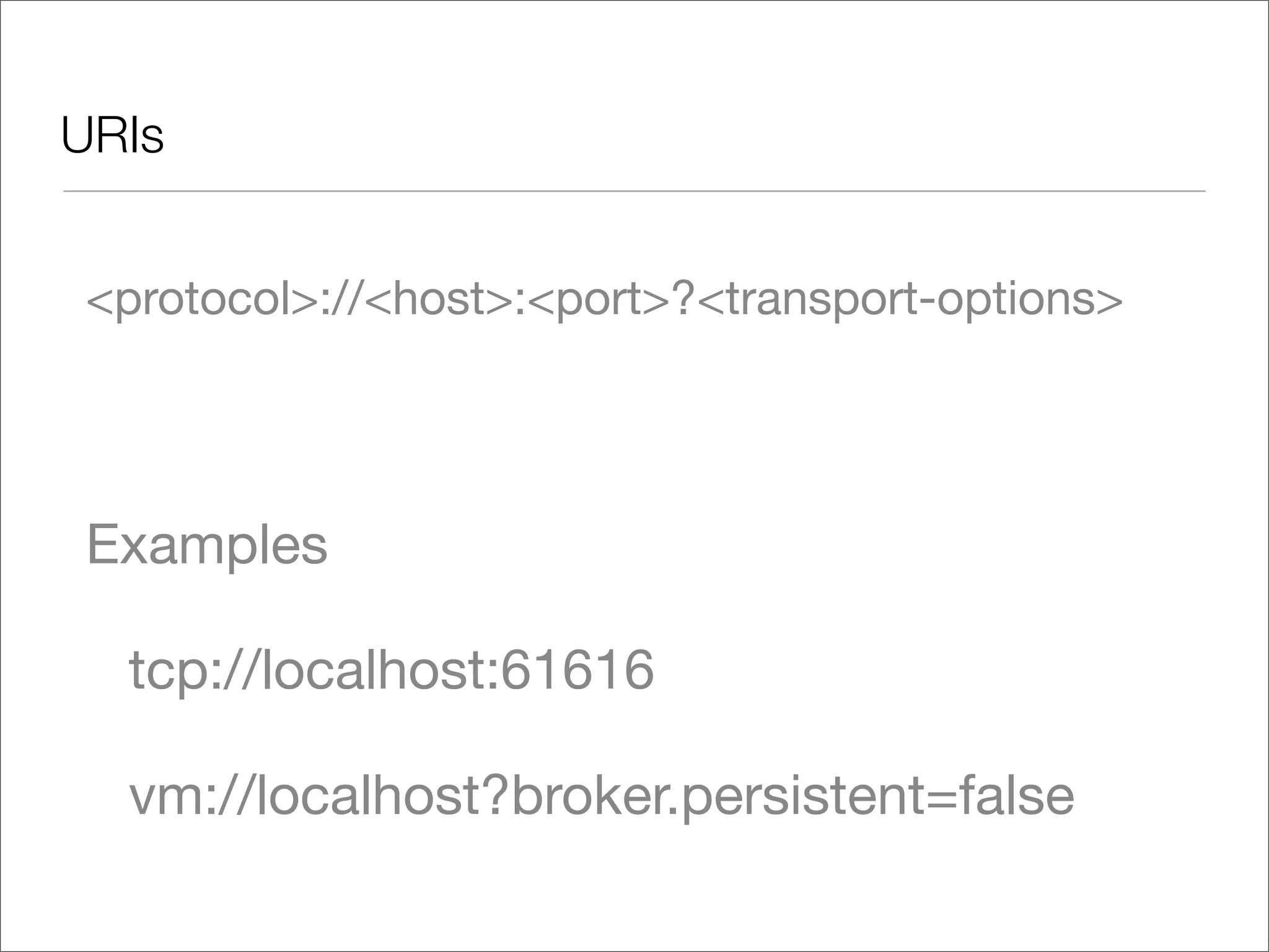 URIs <protocol>://<host>:<port>?<transport-options> Examples tcp://localhost:61616 vm://localhost?broker.persistent=false 