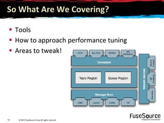 © 2012 FuseSource Corp.All rights reserved.13	
  
So	
  What	
  Are	
  We	
  Covering?	
  
§  Tools	
  
§  How	
  to	
  approach	
  performance	
  tuning	
  
§  Areas	
  to	
  tweak!	
  
 