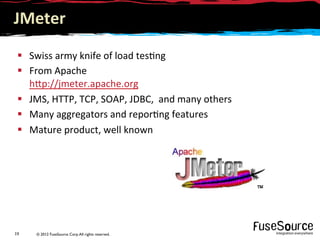 © 2012 FuseSource Corp.All rights reserved.19	
  
JMeter 	
  	
  
§  Swiss	
  army	
  knife	
  of	
  load	
  tes9ng	
  
§  From	
  Apache	
  
h6p://jmeter.apache.org	
  
§  JMS,	
  HTTP,	
  TCP,	
  SOAP,	
  JDBC,	
  	
  and	
  many	
  others	
  
§  Many	
  aggregators	
  and	
  repor9ng	
  features	
  
§  Mature	
  product,	
  well	
  known	
  
 