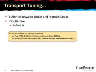 © 2012 FuseSource Corp.All rights reserved.35	
  
Transport	
  Tuning…	
  
§  Buﬀering	
  between	
  Socket	
  and	
  Protocol	
  Codec	
  
§  IOBuﬀerSize	
  
•  Default	
  8k	
  	
  
transportConnector	
  name=openwire	
  	
  
	
  	
  	
  	
  	
  uri=tcp://0.0.0.0:61616?maximumConnec9ons=1000	
  
	
  	
  	
  	
  	
  	
  wireformat.maxFrameSize=104857600transport.ioBuﬀerSize=65536	
  /	
  
 