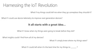 What if I could tell when it’s the best time for my things to _______ ?
What if my things could tell me when they go someplace they shouldn’t?
What if I simply knew where my things were?
What if I knew when my things were going to break before they did?
What if I could use device telemetry to improve next generation devices?
What insights could I find from all of my devices?
It all starts with a great idea…
 
