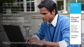 Online Microsoft training delivered by experts
to help technologists continually learn
Hundreds of courses for developers, IT Pros,
students, entrepreneurs and enthusiasts
11 different languages
3M+ students registered
Build your own Learning Plan
All free!
http://mva.microsoft.com
 