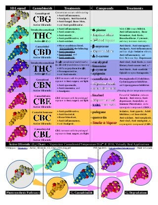 3D Legend Cannabinoids Treatments + Compounds Treatments
Cannabigerol
Active Olivetolic
Conversion occurs while curing
➢Anti-inflammatory,
➢Analgesic, Anti-bacterial,
➢Anti-fungal, Bone Stim.,
➢and Anti-proliferative.
Tetrahydrocannabinol
Active 9 (C5)
➢Anti-inflammatory,
➢Anti-anorectic,
➢Anti-emetic,
➢Anti-proliferative, and
➢Anti-oxidant.
+
==
==
-pinene
Daytime MedsDaytime Meds
33rdrd
Med VapourMed Vapour
With CBD treats MRSA,
Anti-inflammatory, Bone
Stimulant, Anti-biotic,
Bronchodilator, Cytotoxic,
and may increase memory.
Cannabidiol
Active Olivetolic
➢Most conditions listed,
EXCLUDING the following:
➢Anti-insomnia,
➢Anti-fungal, and
➢Anti-anorectic.
+
==
+
-myrcene
Daytime MedsDaytime Meds
-3-carene
Anti-biotic, Anti-mutagenic,
Analgesic, Anti-inflammatory
and has slight Sedative effects.
Anti-inflammatory, and
Ctrl. Nervous Sys. Depressant.
Tetrahydrocannabinol
Active 8 (C5)
The 8 cannabinoid model lead to
the HU-210 from Hebrew University
➢10% as psychoactive 9,
➢Neuroprotective,
➢and Anti-emetic.
+
+
+
+
eucalyptol
limonene
-cymene
apigenin
Anti-viral, Anti-biotic, & more
Dietary Anti-cancer tool, & “
Anti-biotic, Anti-candidal. “ “
Opioid receptor Antagonist, “
Cannabinol
Active Olivetolic
CBN increases with the prolonged
exposure to heat, oxygen, and light.
➢Anti-spasmodic,
➢Anti-insomnia, and
➢Analgesic.
+
==
==
cannflavin A
Nighttime MedsNighttime Meds
NORMLNORML FavouriteFavourite
Prostaglandin E2 Inhibitor,
Cyclooxygenase Inhibitor,
and Lipoxygenase Inhibitor.
(Pending device temperature error)
Cannabielsoin
Active Olivetolic
CBE increases with the prolonged
exposure to heat, oxygen, and light.
+
==
==
linalool
Nighttime MedsNighttime Meds
V-CBCV-CBC FavouriteFavourite
'Powerful' Sedative, reduces
Anxiety, Anti-stress, Anti-
depressant, Anxiolytic, an
Immune Potentiator, and a
synergistic compound (CBD.)
Cannabichromene
Active Olivetolic
➢Anti-proliferative,
➢Anti-bacterial,
➢Bone Stimulant,
➢Anti-inflammatory,
➢and Analgesic.
+
+
==
pulegone
quercetin
SmokeSmoke && VapourVapour
Sedative, Anti-pyretic. AchE
Inhibitor, and Insecticide.
Anti-oxidant, Anti-neoplastic,
Anti-viral, Anti-mutigenic, &
a synergistic compound (CBN.)
Cannabicyclol
Active Olivetolic
CBL increases with the prolonged
exposure to heat, oxygen, and light.
Active Olivetolic (C5) Chart  Vapourizer Cannabinoid Temperature Dial♥
Æ 2016, Virtually Real Applications
VRApp.ca – Resources – Active_Olivetolic_C5_Chart_2016_Eng.pdf #VRApp2016 – (ronvanzetta@hotmail.com) – Made in Canada
Photosynthesis Pathways C5 Cannabinoids C5 Degradations
 