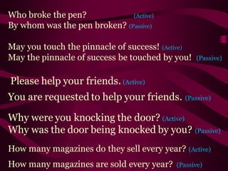 Who broke the pen? (Active)
By whom was the pen broken? (Passive)
May you touch the pinnacle of success! (Active)
May the pinnacle of success be touched by you! (Passive)
Please help your friends. (Active)
You are requested to help your friends. (Passive)
Why were you knocking the door? (Active)
Why was the door being knocked by you? (Passive)
How many magazines do they sell every year? (Active)
How many magazines are sold every year? (Passive)
 