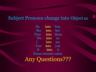 Subject Pronoun change into Object as
He into him
She into her
They into them
We into us
I into me
You into you
It into it
Name remains same.
Any Questions???
 