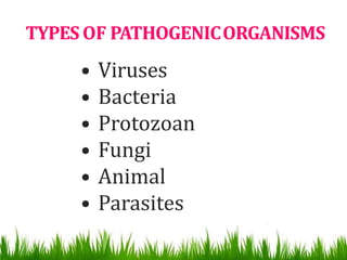 TYPES OF PATHOGENICORGANISMS
• Viruses
• Bacteria
• Protozoan
• Fungi
• Animal
• Parasites
 