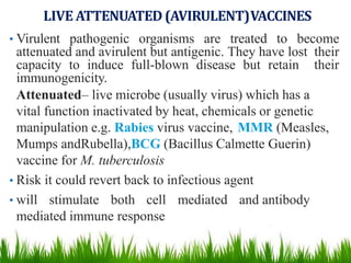 LIVE ATTENUATED(AVIRULENT)VACCINES
• Virulent pathogenic organisms are treated to become
attenuated and avirulent but antigenic. They have lost their
capacity to induce full-blown disease but retain their
immunogenicity.
Attenuated– live microbe (usually virus) which has a
vital function inactivated by heat, chemicals or genetic
manipulation e.g. Rabies virus vaccine, MMR (Measles,
Mumps andRubella),BCG (Bacillus Calmette Guerin)
vaccine for M. tuberculosis
• Risk it could revert back to infectious agent
• will stimulate both cell mediated and antibody
mediated immune response
 