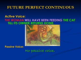 FUTURE PERFECT CONTINUOUS Active Voice:  THE WOMAN   WILL HAVE BEEN FEEDING   THE CAT TILL ITS OWNER RETURNS HOME. Passive Voice: No passive voice . 