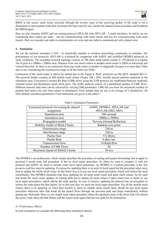 Computer Engineering and Intelligent Systems                                                                 www.iiste.org
ISSN 2222-1719 (Paper) ISSN 2222-2863 (Online)
Vol 3, No.9, 2012

RREP to the source mesh router unicastly through the reverse route of the receiving packet. If the node is not a
destination or intermediate node then increment the hop count by one, checks the channel reuse procedure and broadcast
the RREQ again.
Here we also simulate AODV and our routing protocol APULAR with APULAR – 3 multi interfaces. In which, we are
considering three radios per node – one for communicating with mesh clients and two for communicating with mesh
routers. Here we consider one radio to communicate row wise and one radio to communicate with column wise.


4. Simulation
We use the network simulator 2 (NS - 2), practically popular in wireless networking community, to simulate. The
performance of our protocols APULAR is evaluated by comparing with AODV and modified IWMRA protocols in
same conditions. The simulated network topology consists of 100 static mesh routers (nodes 0 - 99) placed in a regular
10x10 grid in a 2000m x 2000m area. Distance from one mesh routers to another mesh router is 200m in horizontal and
vertical direction. So there is no connection from one mesh router to another in diagonally because it is more than 250m
and we are considering the transmission range of all the nodes are 250m.
Connection of the mesh router is shown by dotted line in the Figure 4. MAC protocols are the IEEE standard 802.11.
The network further consists of 200 mobile mesh clients (Nodes 100 - 299), initially placed uniform randomly in the
simulation area. Concurrent Constant Bit Rate (CBR) flows using the UDP protocol are established between randomly
selected source and destination mesh client pairs. The traffic patterns consist of a predefined number of CBR flows.
Different transmit data rates can be achieved by varying CBR parameters. CBR lets you limit the maximum number of
packets that need to be sent from source to destination. Each sample data we use is an average of 5 simulations. All
other default simulation parameters if not mentioned, are given in the table I.


                                                 Table I: Simulation Parameters
             Examined protocols for routing & channel                 AODV, IWMRA, APULAR and
                           assignment                                    APULAR-(MI2, MI3)
                        Simulation time                                       300 seconds
                         Simulation area                                    2000m x 2000m
                       Propagation model                               Two-ray Ground Reflection
                 Mobility model of Mesh Clients                           Random way point
                       Transmission range                                        250 m
                       Interference range                                        550 m
                           Packet Size                                         512 Bytes
                           Packet Rate                                         4 pkts /sec
                       Transmission Flow                                     16 Kbps/flow
                     Number of CBR Flows                                           20
                Maximum Speed of Mobile Clients                                  10 m/s

The IWMRA is an architecture, which simply describes the procedure of routing and packet forwarding, but to apply in
practical it needs some full procedure. It has no local repair procedure. So when we want to compare it with our
protocol and AODV we need to include some local repair procedure. As IWMRA is a hybrid procedure it has few
proactive and few reactive updating. For proactive updating there is no need of local repair but the procedure takes more
time to update the whole mesh router. So the better way is to use one local repair procedure, which will inform the node
immediately. The IWMRA maintains link layer updating for all static mesh router and static mesh clients. So for each
link break the mesh router updates its routing table but to update all mesh routers it takes much time so better to use
local repair procedures, which inform the node quickly. In case of reactive updating the protocol has no procedure to
inform the node about the link failure. So in this case also we need one local repair procedure. For all the mobile mesh
clients, there is no updating so when data transfer is done by mobile mesh clients there should be one local repair
procedure otherwise after link break all the packet flows through the previous path and drops immediately without
getting any fresh path. Here we use simple local repair procedure where the upstream node of the down link will inform
the source node about the link failure and the source node again find the new path for the destination.


4.1 Performance Metric
In each simulation we consider the following three simulation metrics.
                                                              16
 