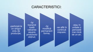 CARACTERISTICI:
-participă la
un singur
ciclu de
producție;
-își
transmit
toată
valoarea
asupra
produsului
obținut;
-își
modifică
permanent
forma;
-se află în
continuă
mișcare;
-stau în
unitate o
perioadă
mai mică
de un an.
 