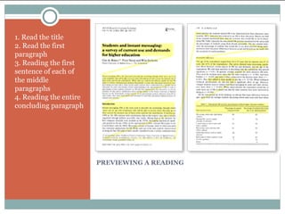 PREVIEWING A READING
1. Read the title
2. Read the first
paragraph
3. Reading the first
sentence of each of
the middle
paragraphs
4. Reading the entire
concluding paragraph
 