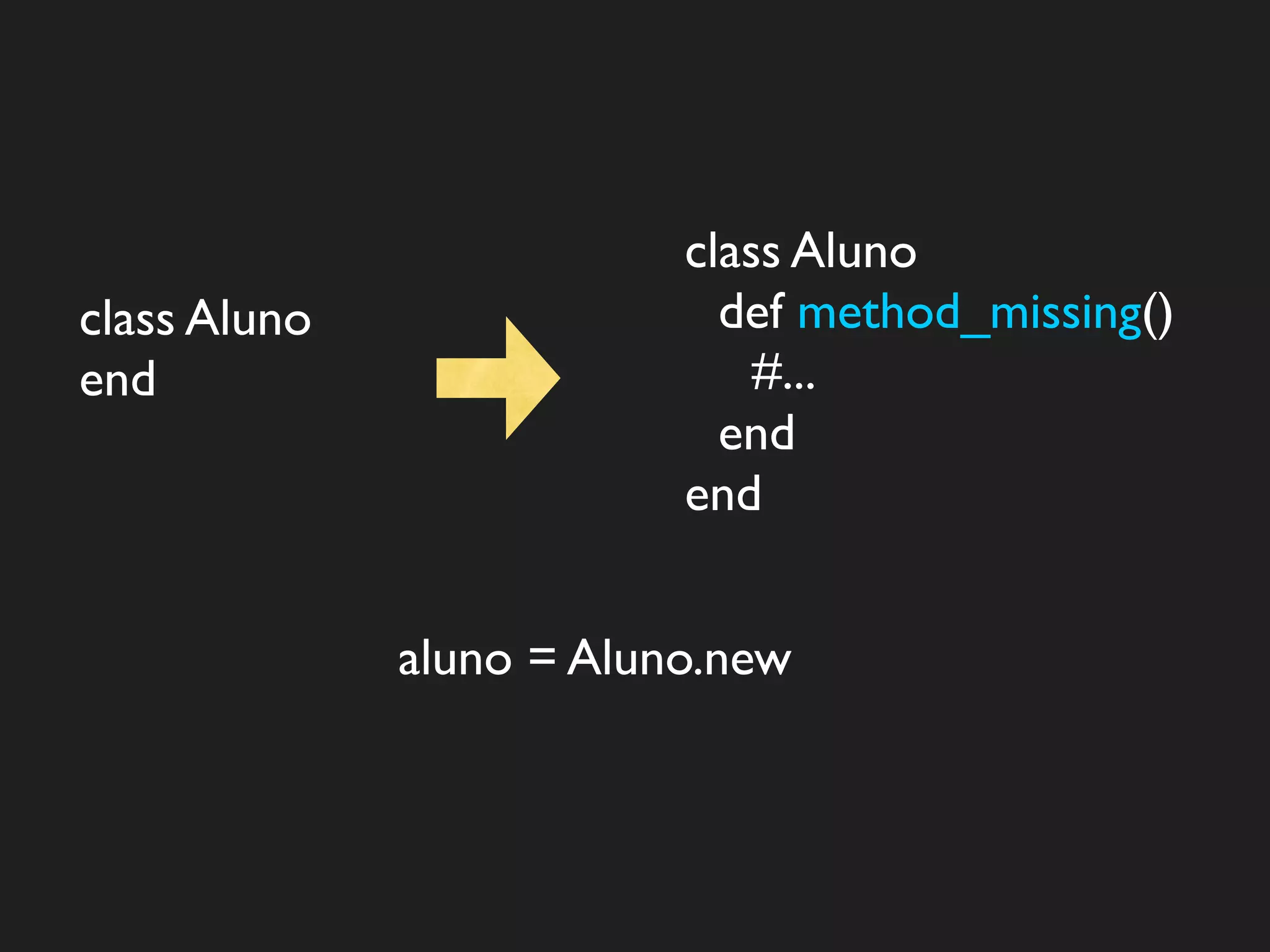 class Aluno
class Aluno                 def method_missing()
end                           #...
                            end
                          end


              aluno = Aluno.new
 