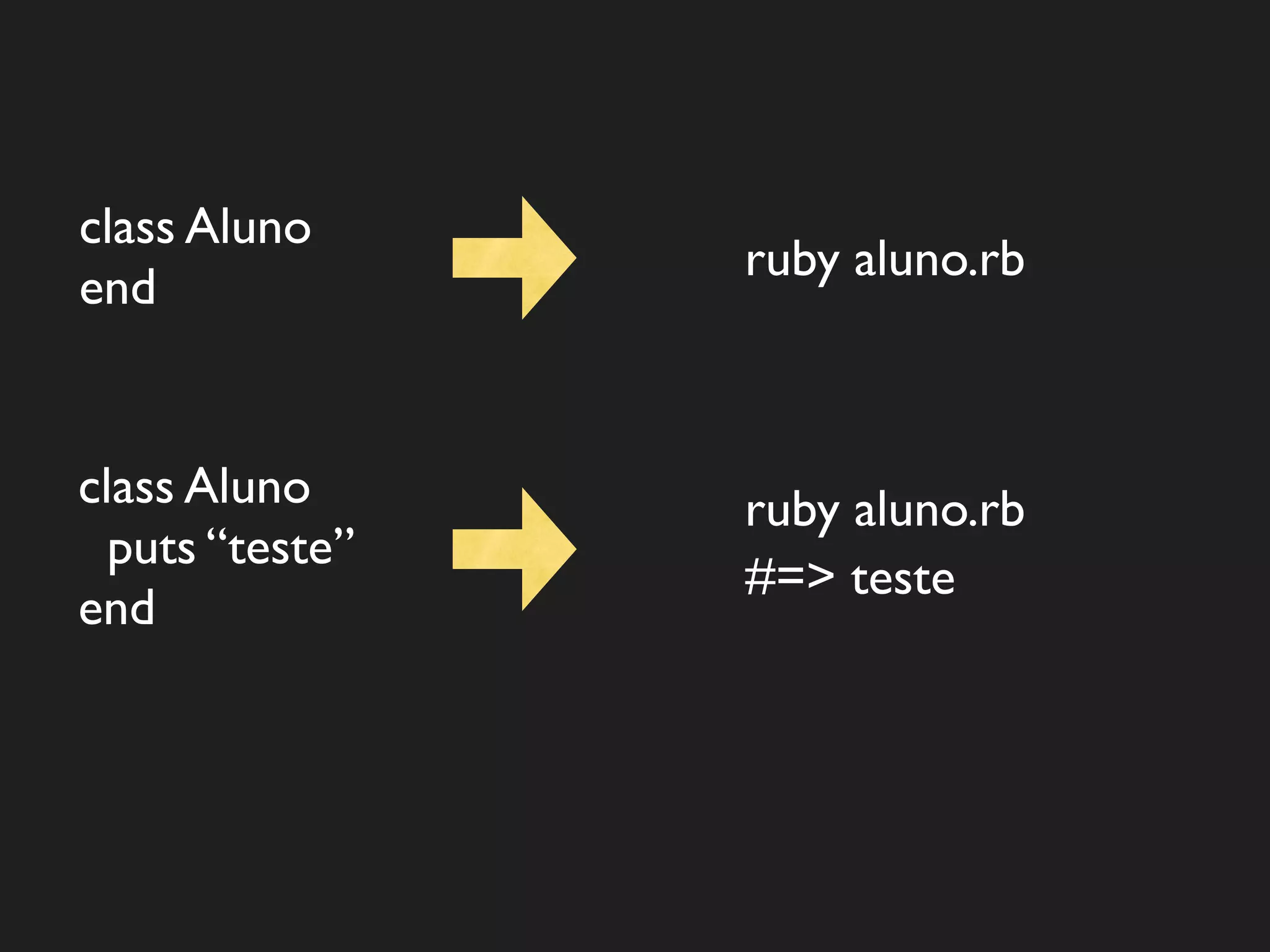 class Aluno
                 ruby aluno.rb
end


class Aluno      ruby aluno.rb
  puts “teste”
                 #=> teste
end
 