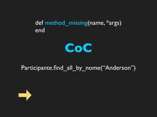 def method_missing(name, *args)
    end


               CoC
Participante.ﬁnd_all_by_nome(“Anderson”)
 