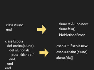 class Aluno             aluno = Aluno.new
end                     aluno.fala()
                        NoMethodError
class Escola
  def ensina(aluno)    escola = Escola.new
   def aluno.fala      escola.ensina(aluno)
     puts “falando!”
   end                 aluno.fala()
  end
end
 