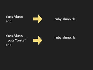 class Aluno
                 ruby aluno.rb
end


class Aluno      ruby aluno.rb
  puts “teste”
end
 