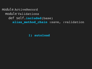 module ActiveRecord
  module Validations
    def self.included(base)
      alias_method_chain :save, :validation



             1) autoload
 