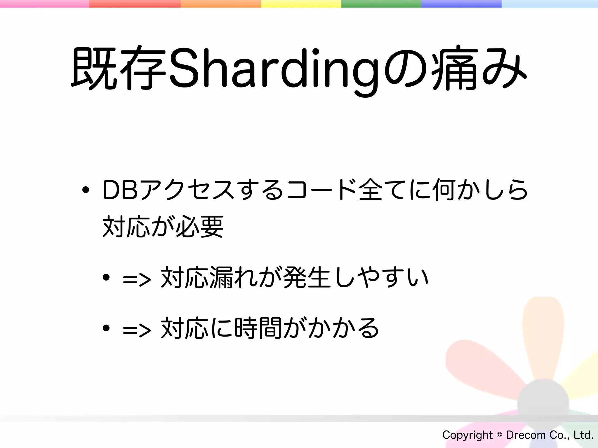 既存Shardingの痛み

• DBアクセスするコード全てに何かしら
 対応が必要

• => 対応漏れが発生しやすい
• => 対応に時間がかかる

                   Copyright © Drecom Co., Ltd.
 