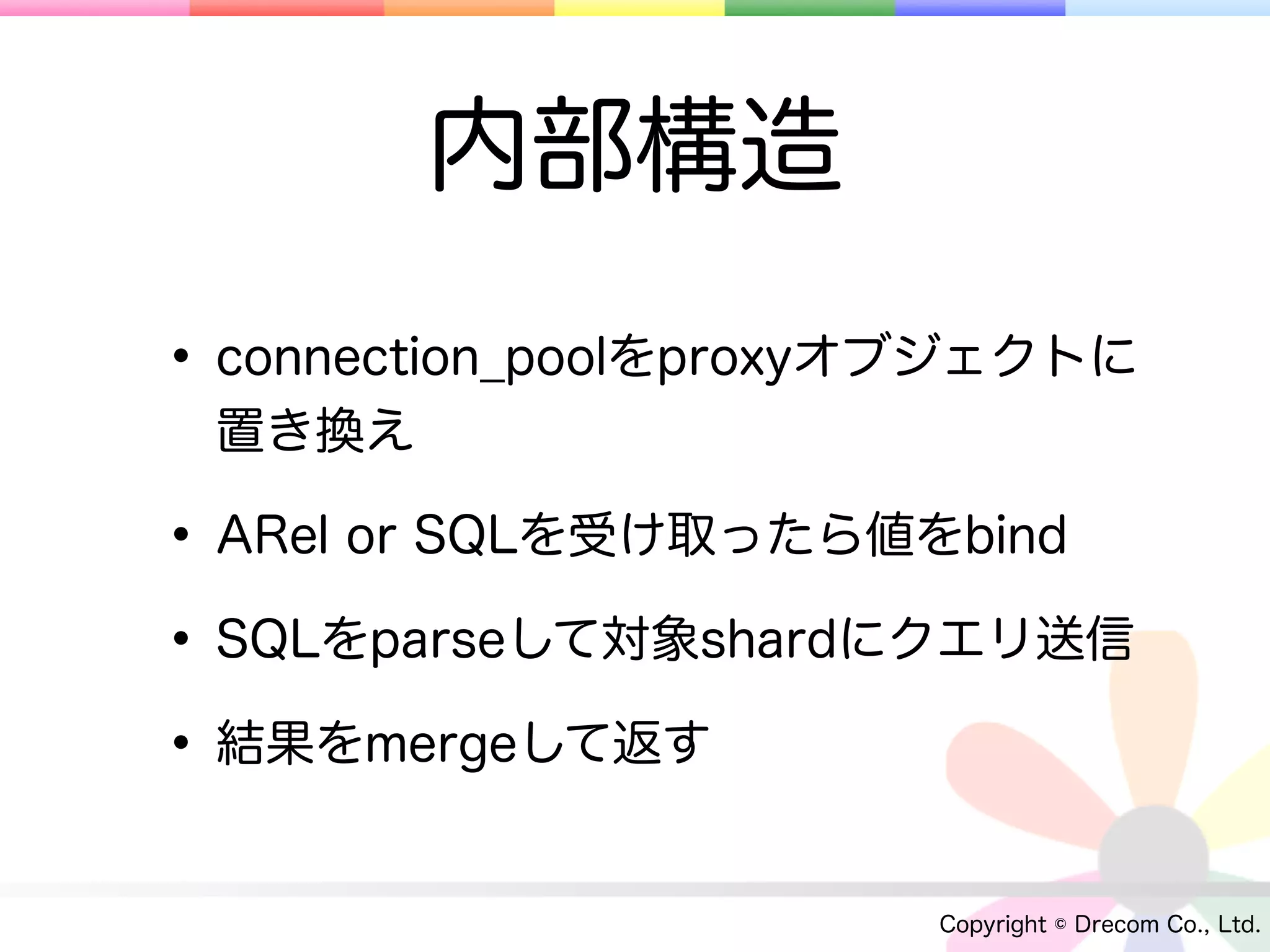 内部構造
• connection_poolをproxyオブジェクトに
 置き換え

• ARel or SQLを受け取ったら値をbind
• SQLをparseして対象shardにクエリ送信
• 結果をmergeして返す
                       Copyright © Drecom Co., Ltd.
 