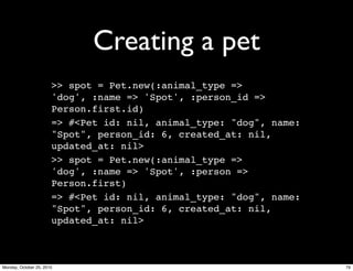 Creating a pet
>> spot = Pet.new(:animal_type =>
'dog', :name => 'Spot', :person_id =>
Person.first.id)
=> #<Pet id: nil, animal_type: "dog", name:
"Spot", person_id: 6, created_at: nil,
updated_at: nil>
>> spot = Pet.new(:animal_type =>
'dog', :name => 'Spot', :person =>
Person.first)
=> #<Pet id: nil, animal_type: "dog", name:
"Spot", person_id: 6, created_at: nil,
updated_at: nil>
79Monday, October 25, 2010
 