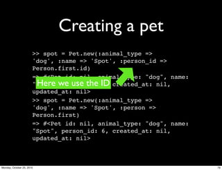 Creating a pet
>> spot = Pet.new(:animal_type =>
'dog', :name => 'Spot', :person_id =>
Person.first.id)
=> #<Pet id: nil, animal_type: "dog", name:
"Spot", person_id: 6, created_at: nil,
updated_at: nil>
>> spot = Pet.new(:animal_type =>
'dog', :name => 'Spot', :person =>
Person.first)
=> #<Pet id: nil, animal_type: "dog", name:
"Spot", person_id: 6, created_at: nil,
updated_at: nil>
Here we use the ID
79Monday, October 25, 2010
 