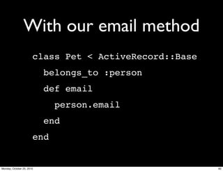 With our email method
class Pet < ActiveRecord::Base
belongs_to :person
def email
person.email
end
end
82Monday, October 25, 2010
 